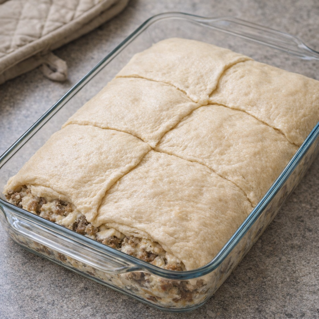 Unbaked crescent casserole ready for the oven