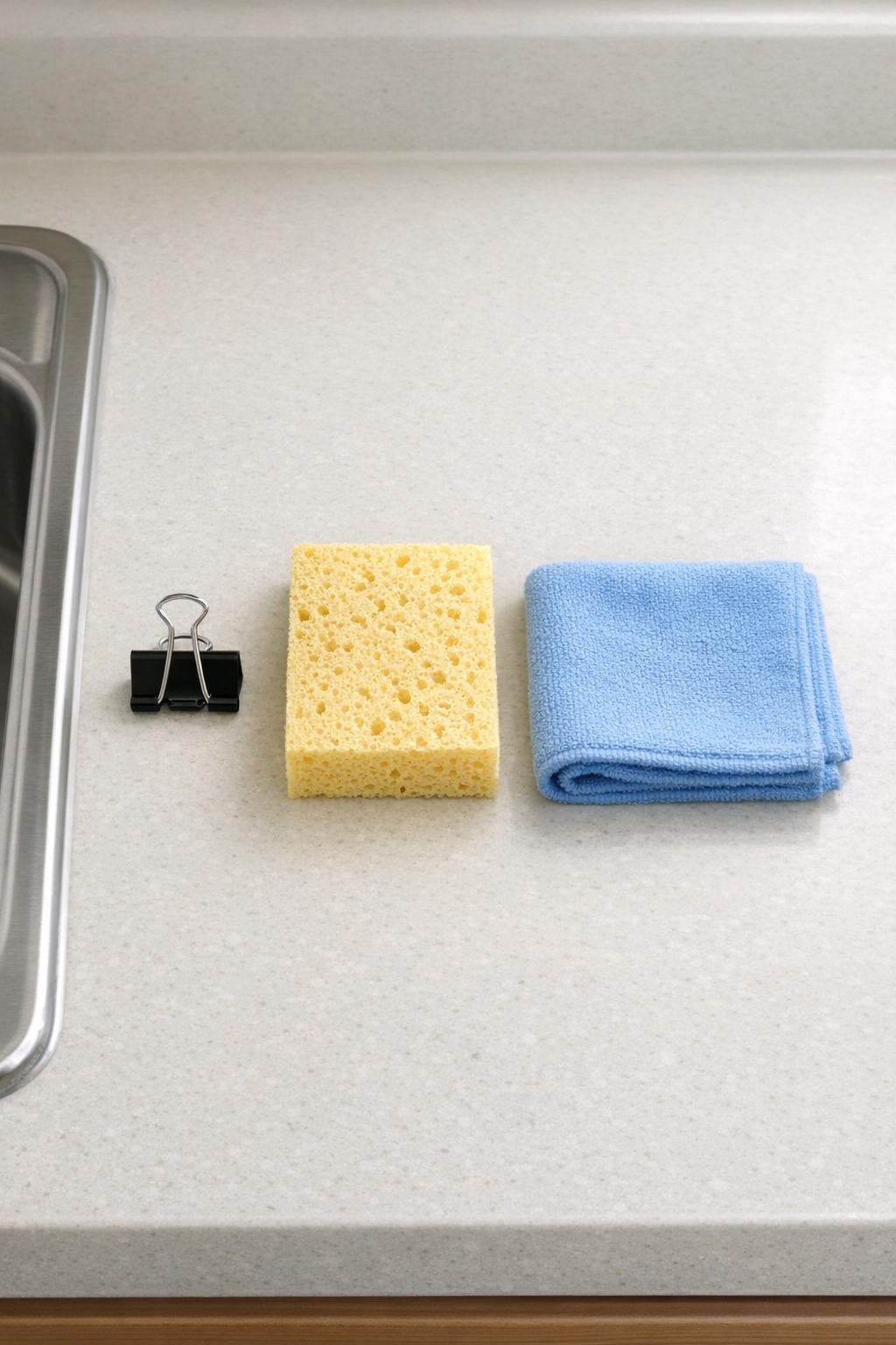 Binder clip, sponge, and cleaning cloth laid out for the project
