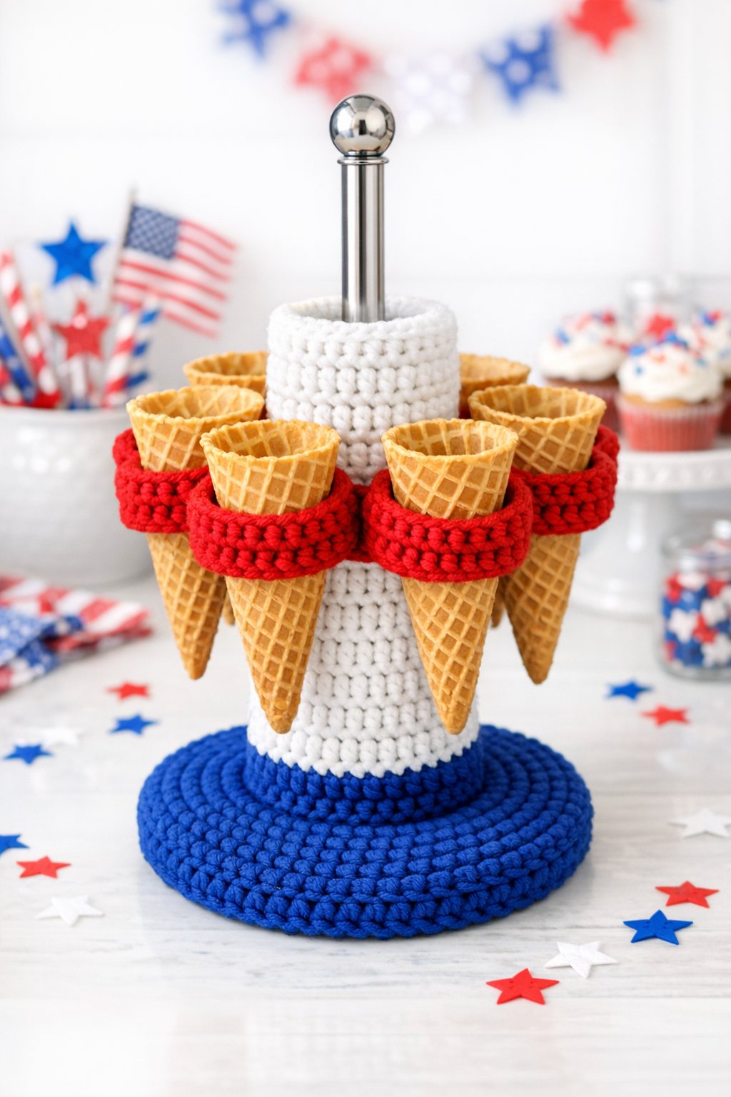 Finished patriotic crochet ice cream cone holder on a table