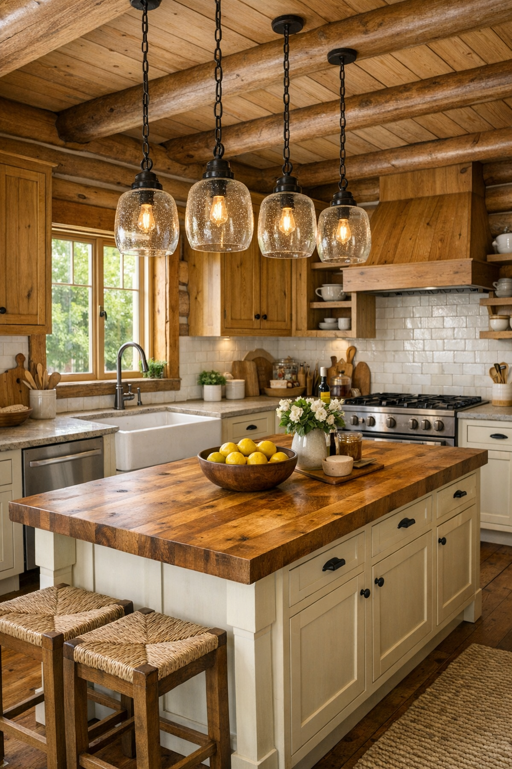 Charming rustic kitchen with wood cabinetry, butcher-block island, and soft cream accents