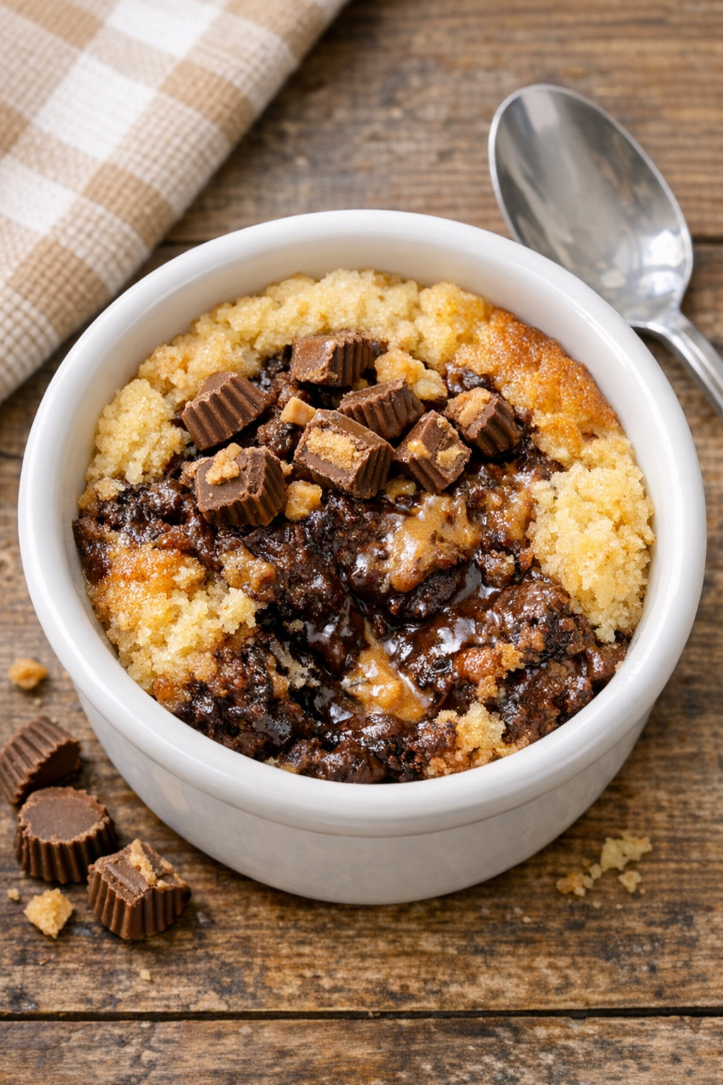 Finished slow cooker peanut butter chocolate dessert in a serving bowl