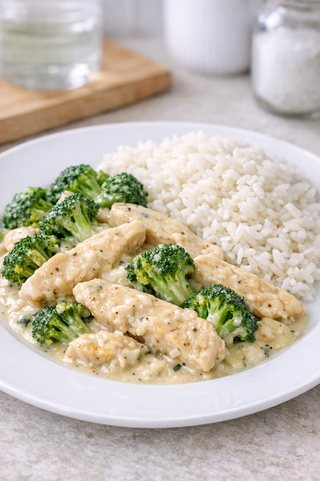 Finished slow cooker chicken and broccoli served on a plate