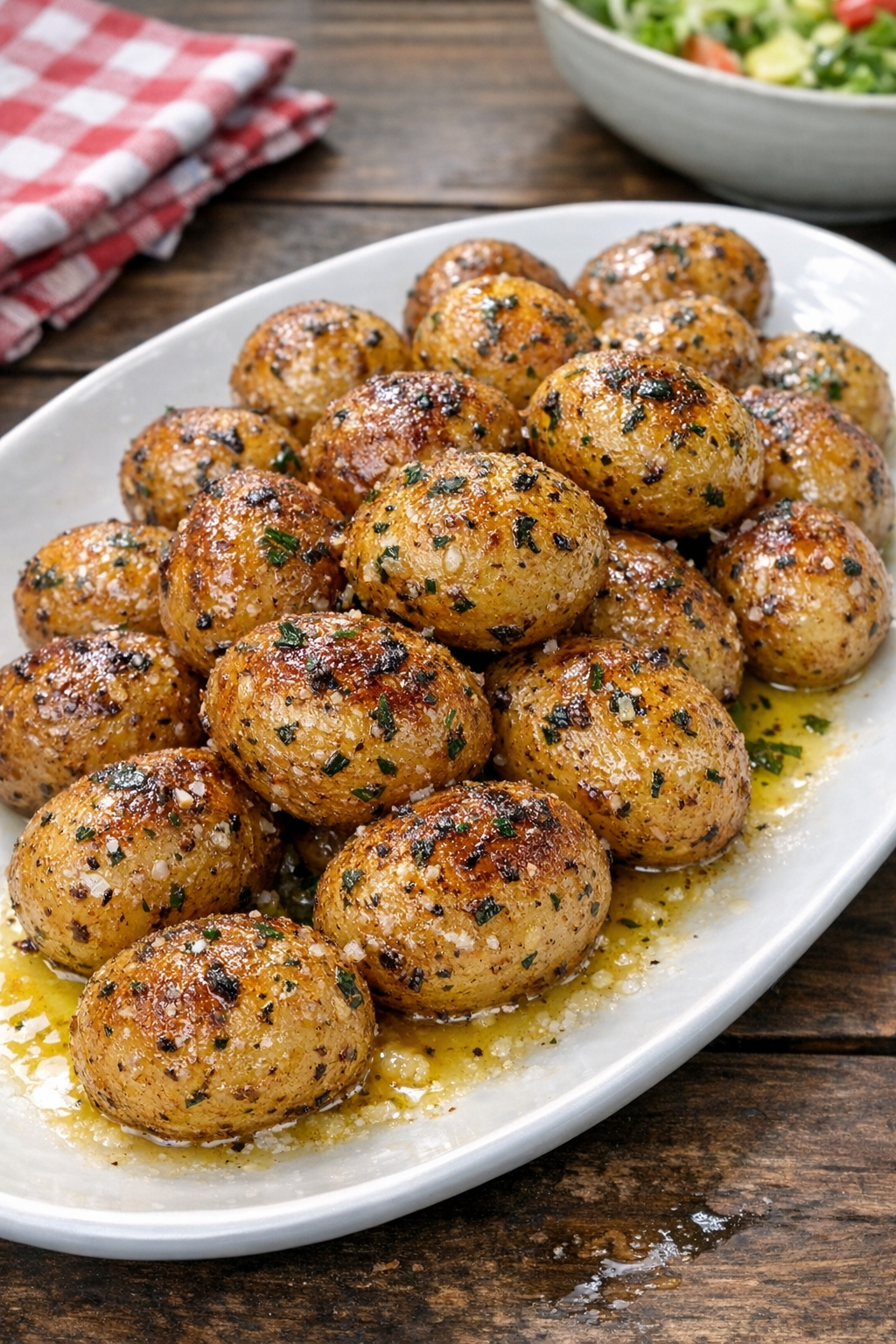 Finished platter of crispy herb baby potatoes