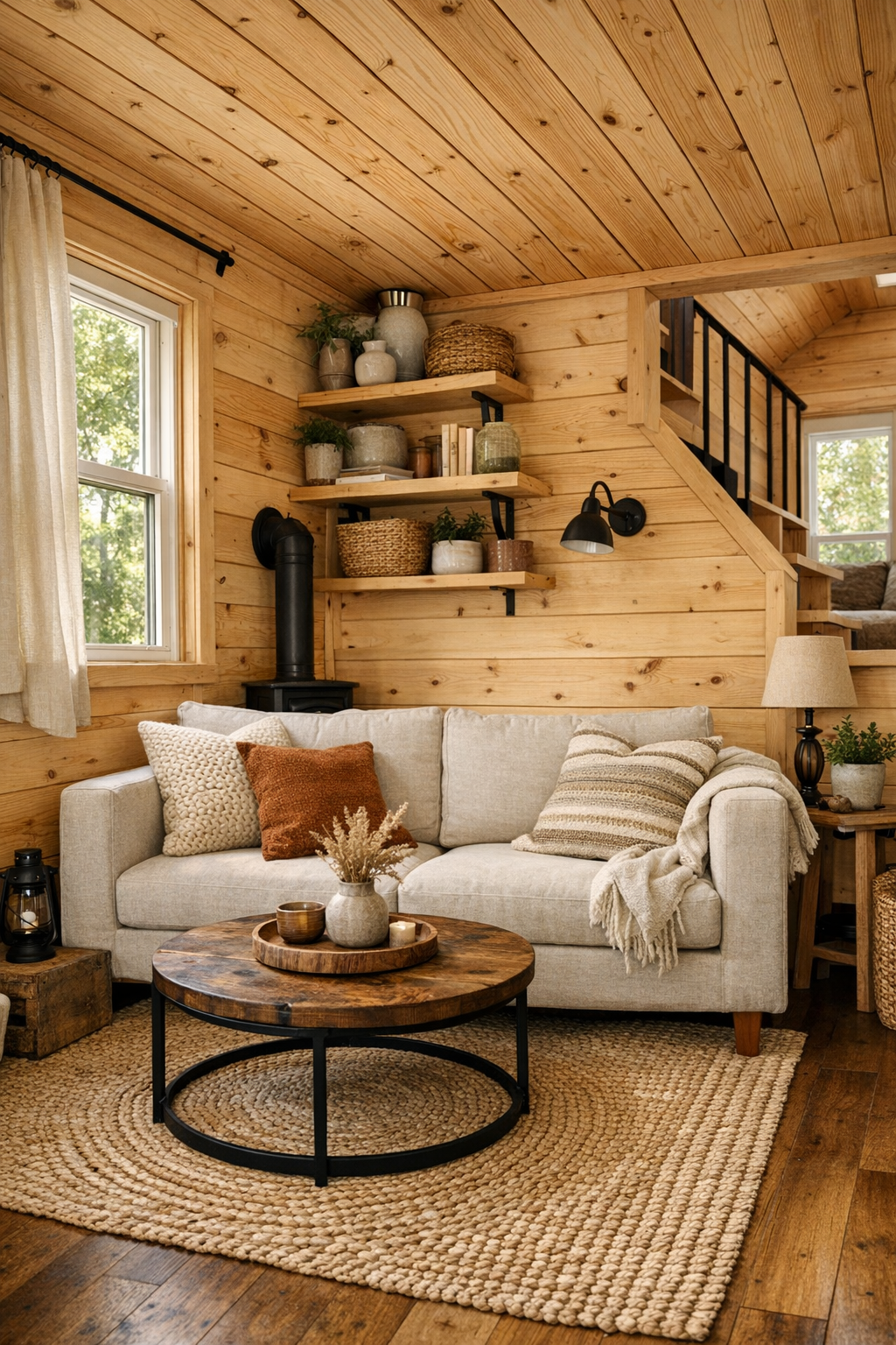 Warm tiny home living room with natural pine walls, a light linen sofa, woven rug, and built-in storage