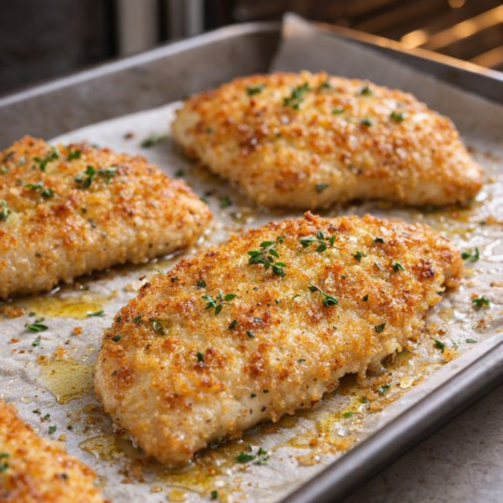 Breaded chicken cutlets on a baking sheet before going into the oven