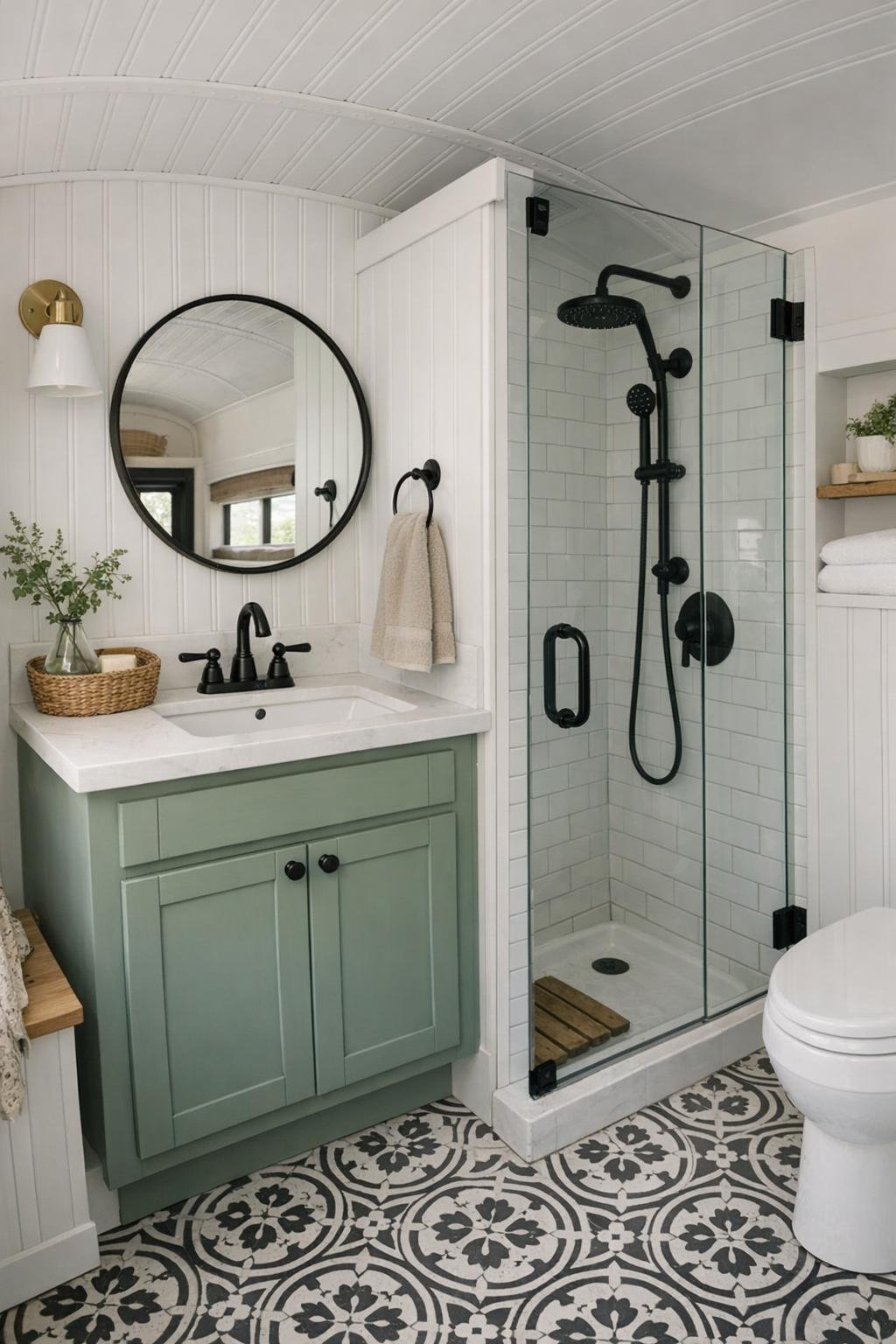Bus bathroom with small vanity, patterned floor, and glass shower