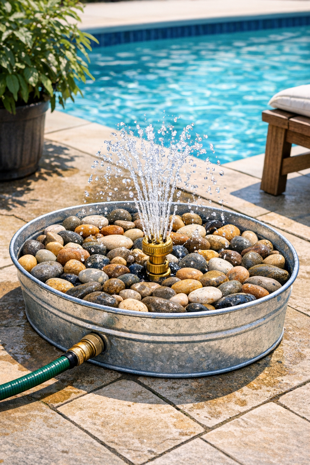 Finished outdoor foot wash station made from a galvanized pan and brass sprinkler head