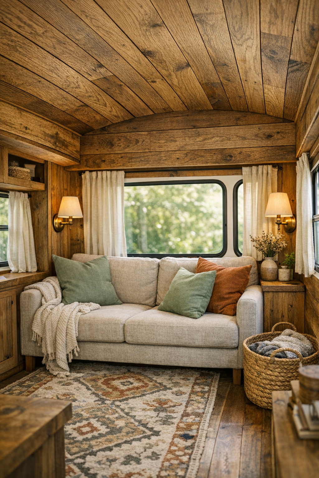 Warm living room inside the converted bus with salvaged oak, soft neutral seating, and cozy layered textures