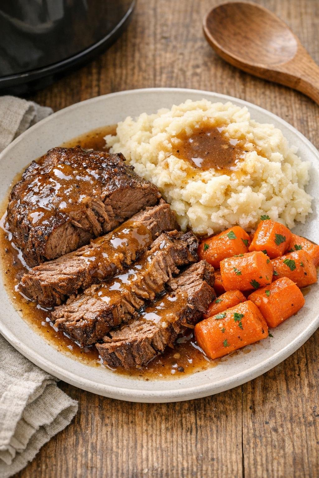 Finished slow cooker beef arm roast plated with potatoes and carrots