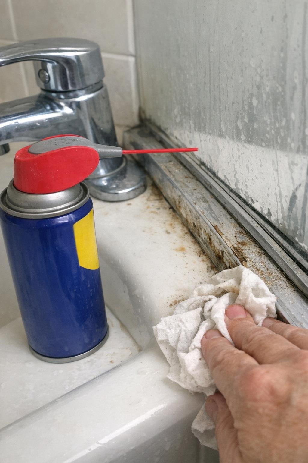 WD-40 cleaning a rusty chrome faucet and shower door track