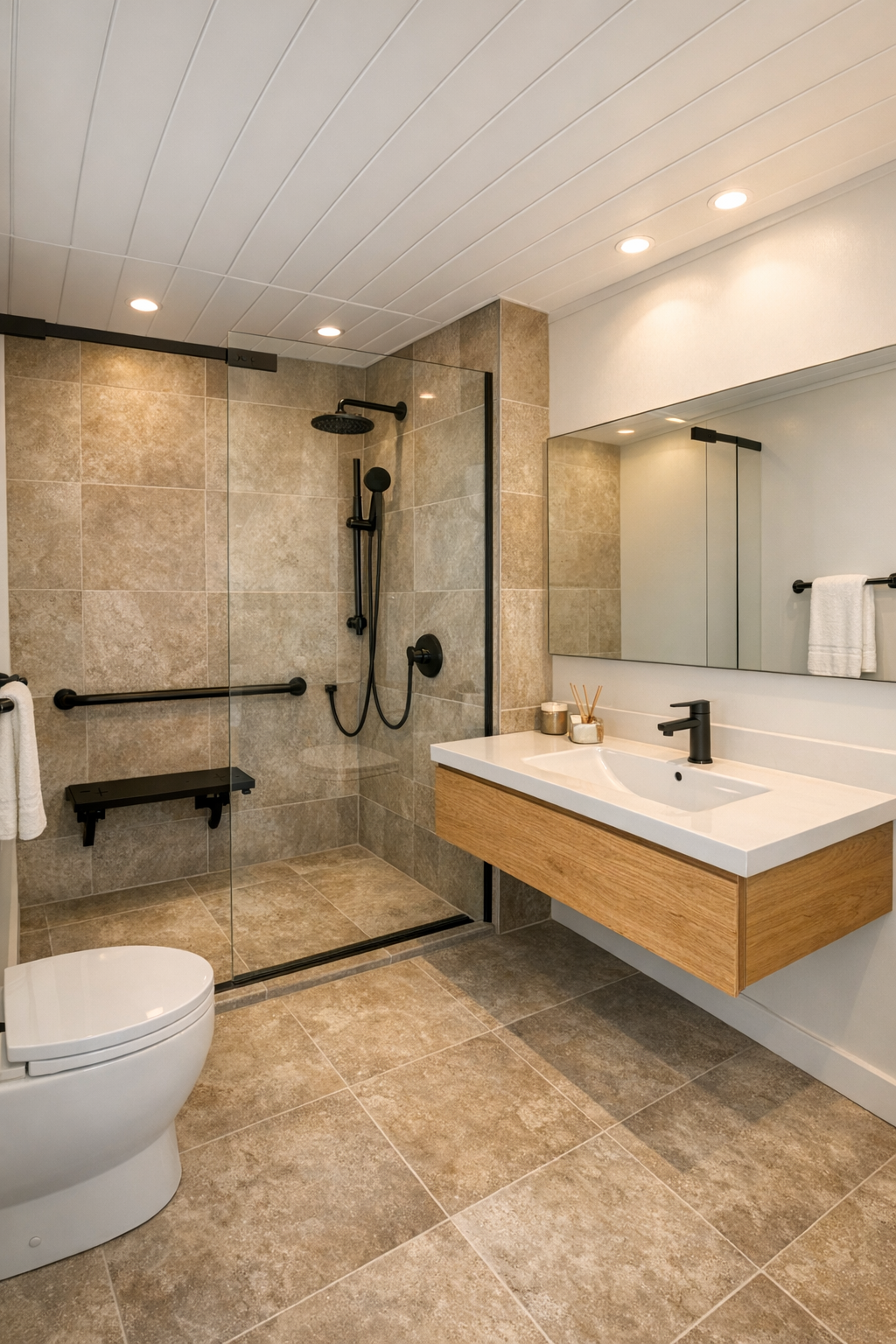 Accessible modern bathroom with a curbless shower, oak vanity, and warm stone tile