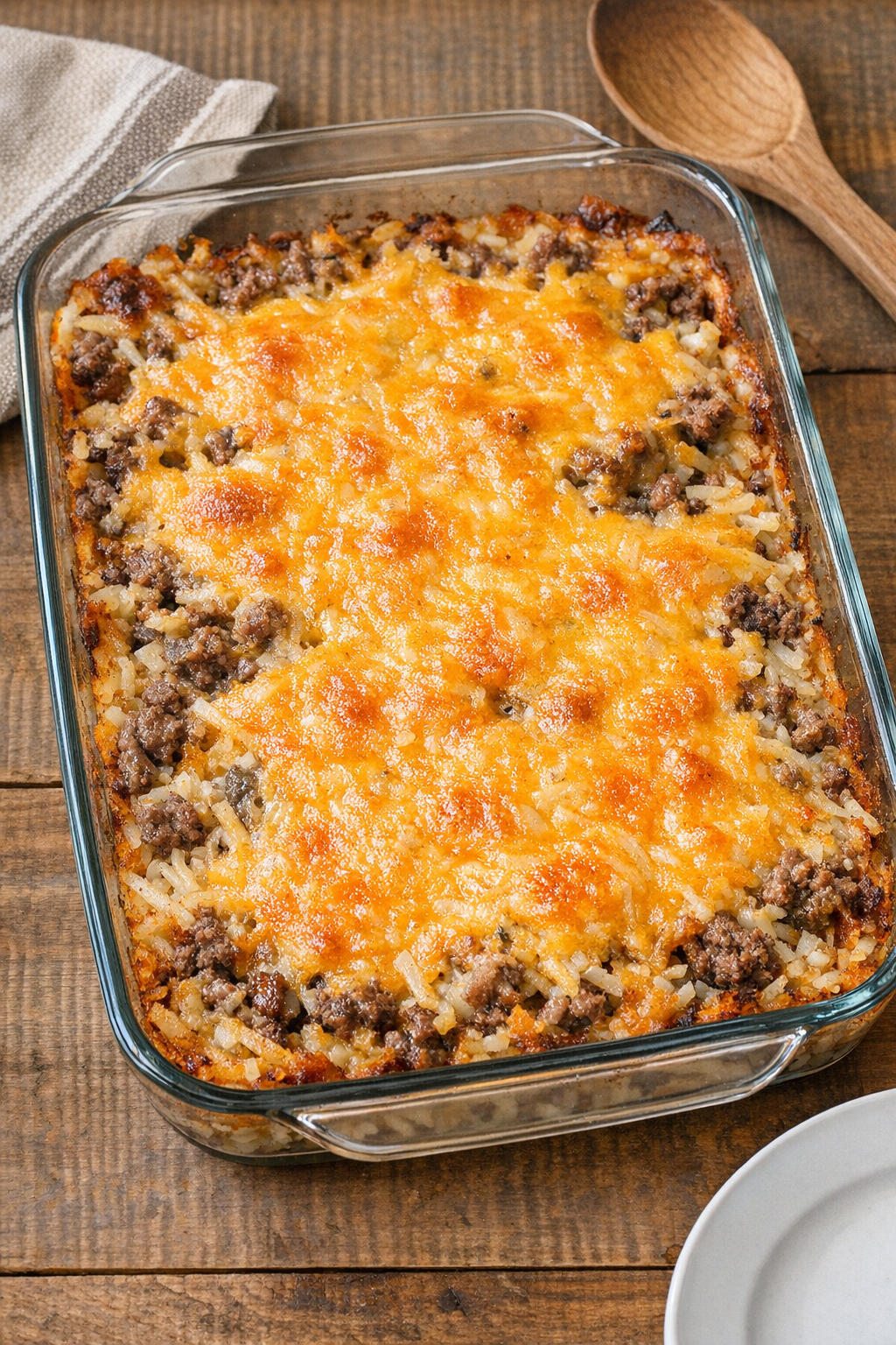 Finished oven hash in a glass baking dish