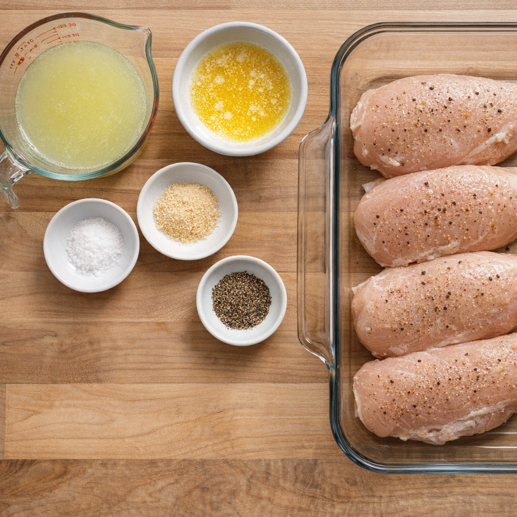 Measured lemon juice, melted butter, and seasonings arranged for cooking