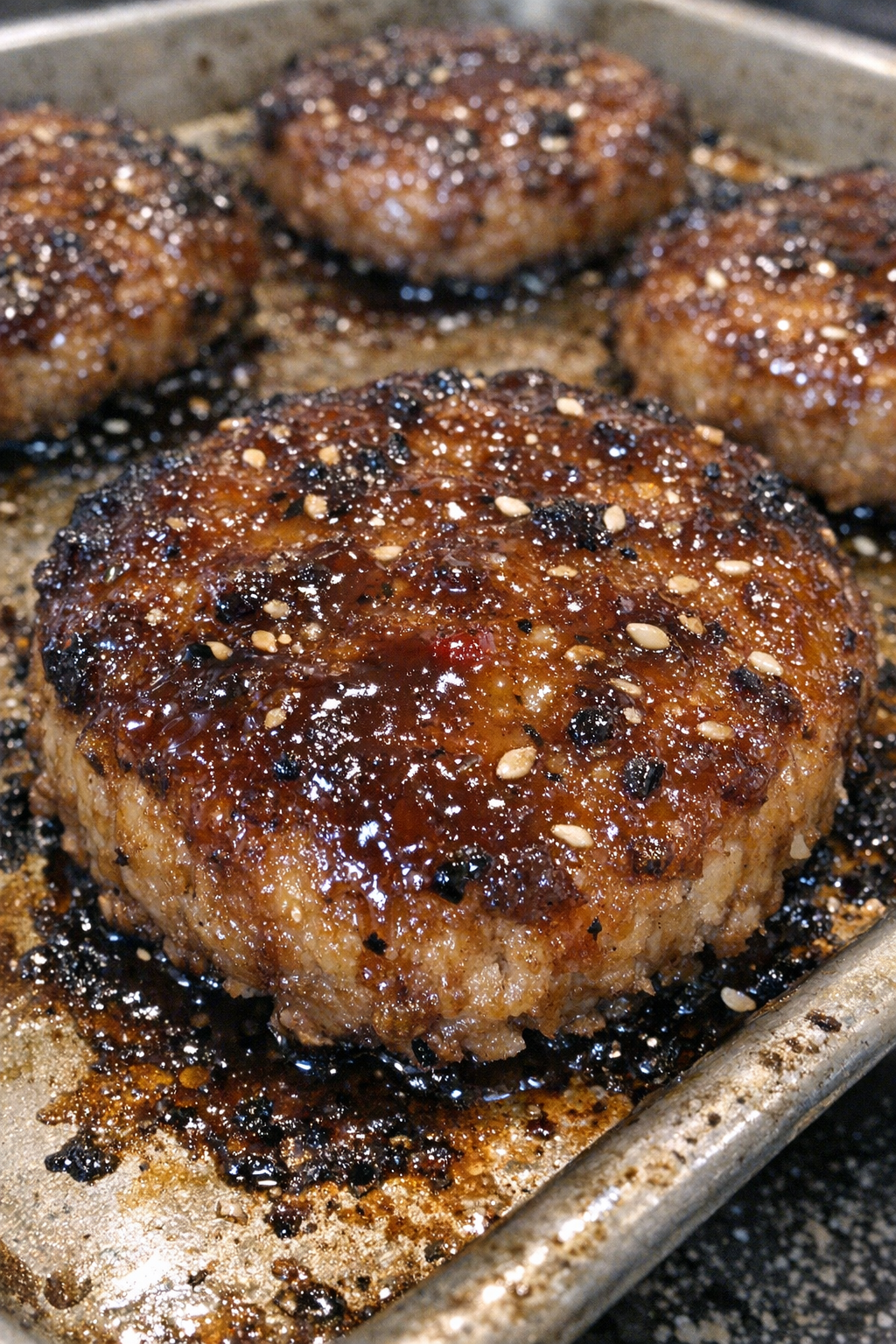 Glazed roasted protein on a metal baking sheet