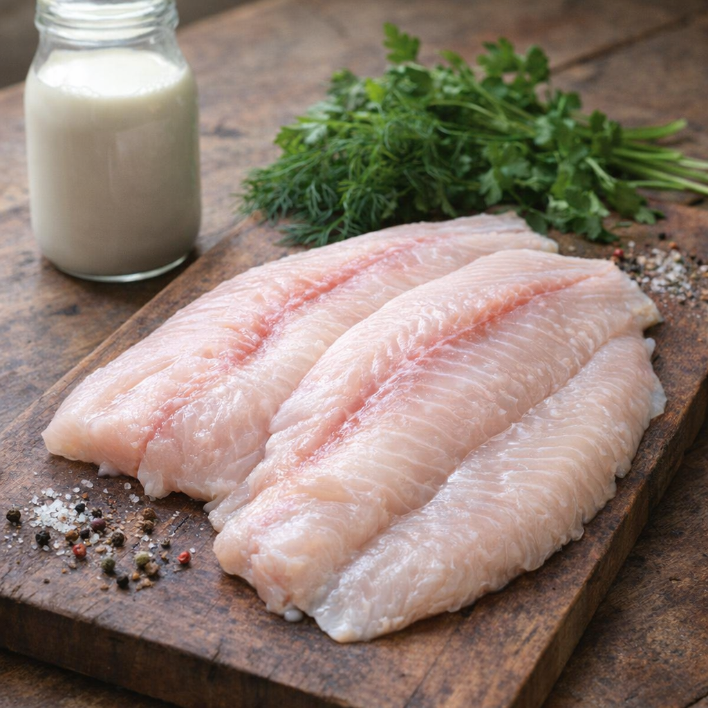 Fresh herbs and fish prepared on a rustic cutting board