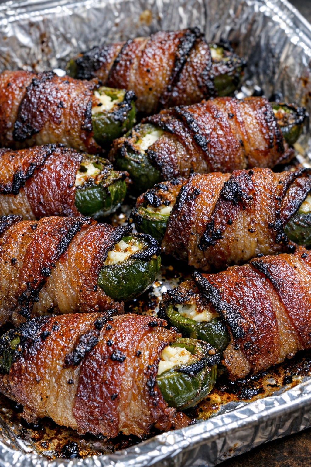 Low carb 3-ingredient jalapeno bacon bombs on a foil tray