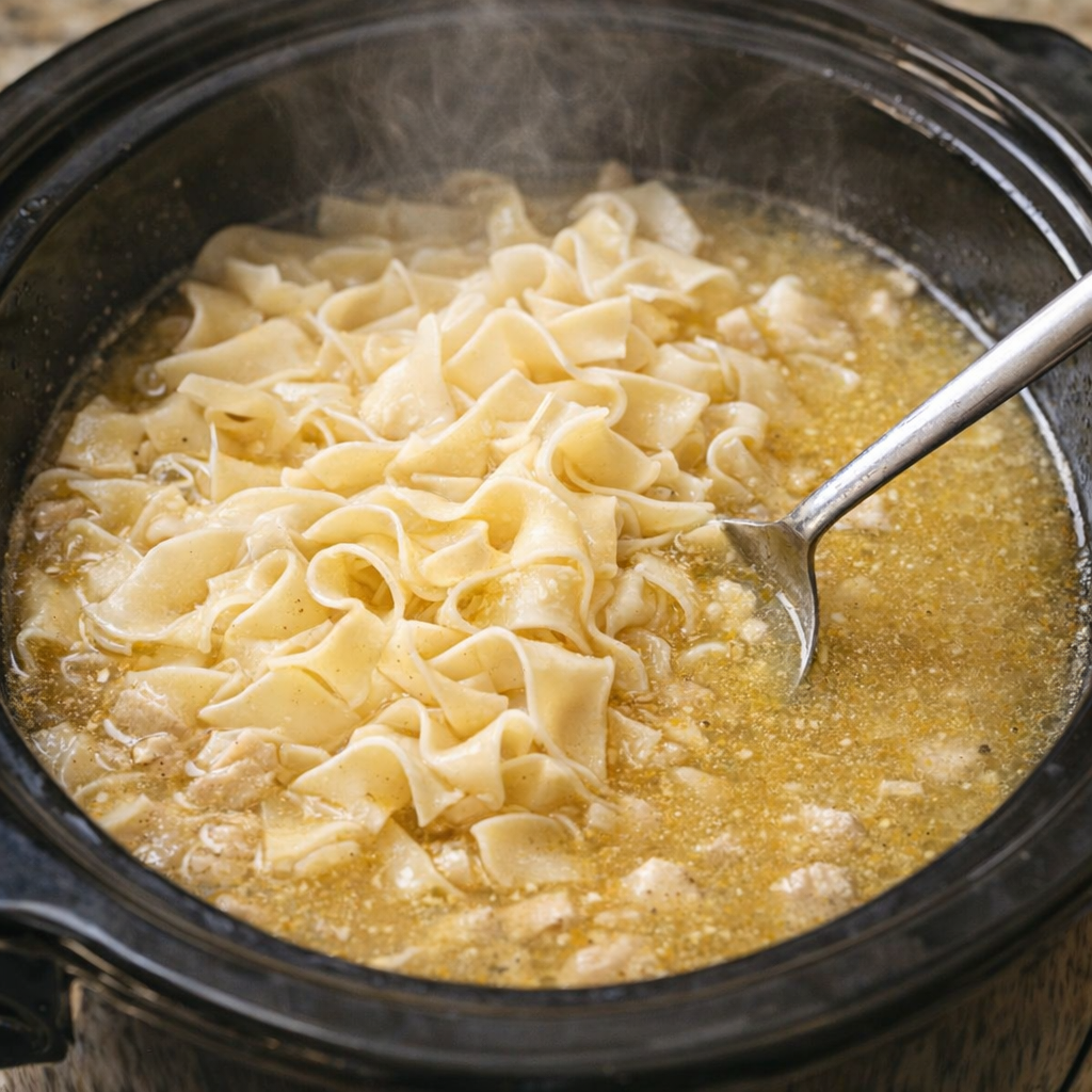 Egg noodles added to the slow cooker broth
