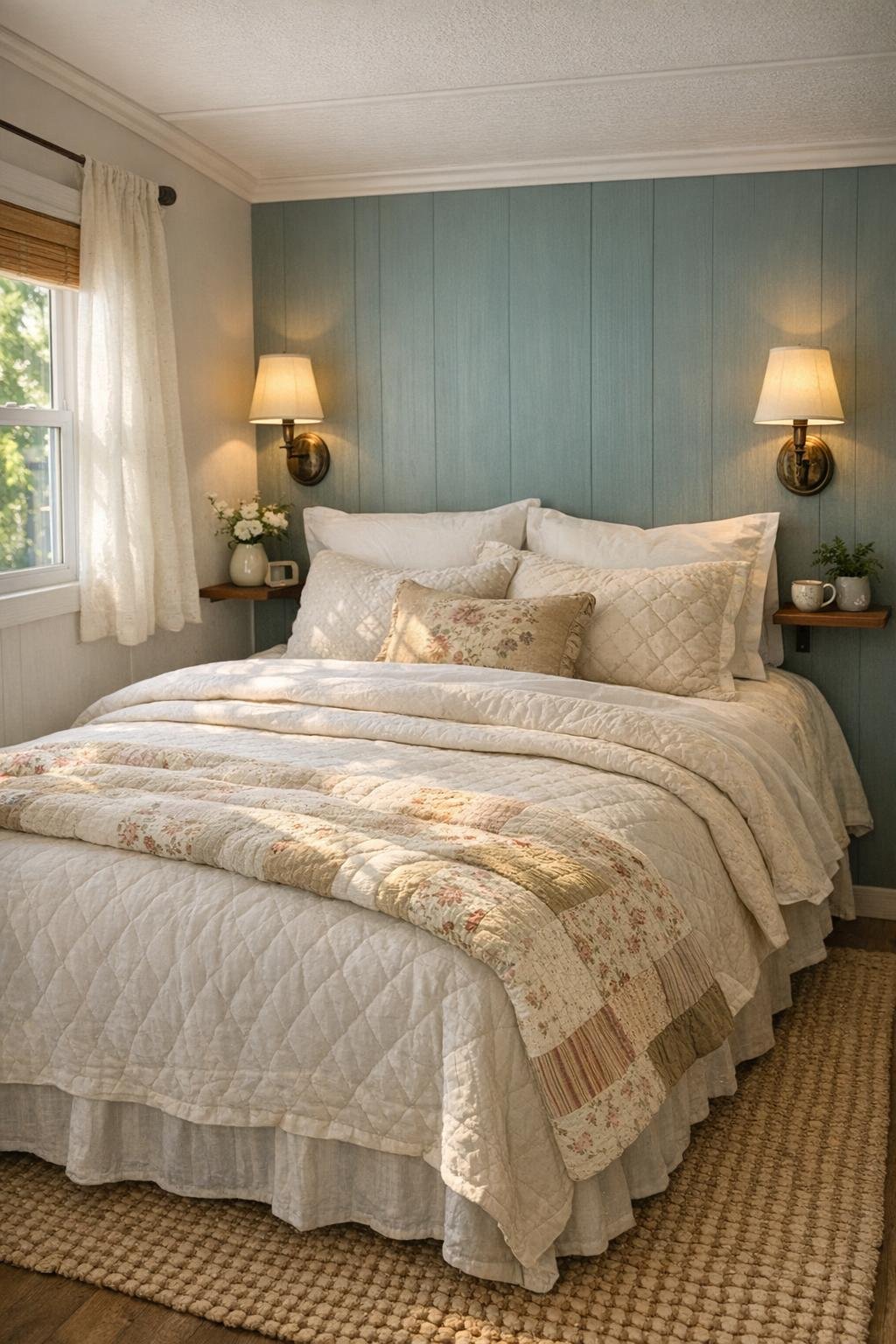 Small serene bedroom with layered neutral bedding and cottage textures