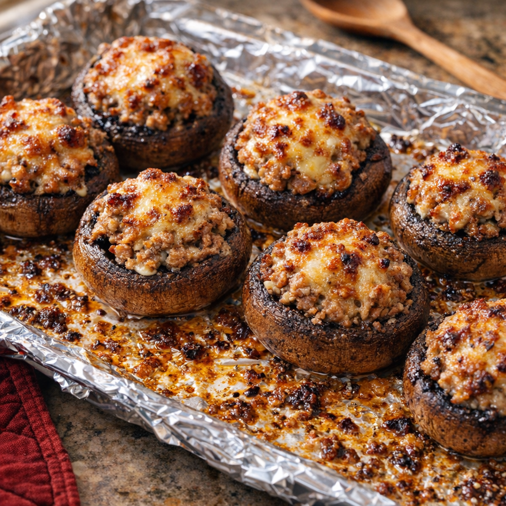 Tray of sausage stuffed mushrooms fresh from the oven