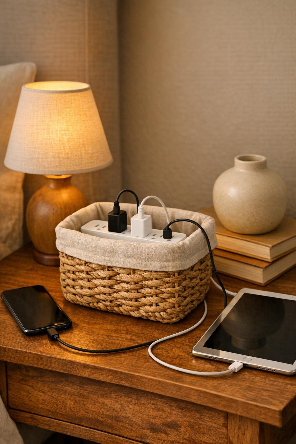 Finished woven basket bedroom charging station on a nightstand