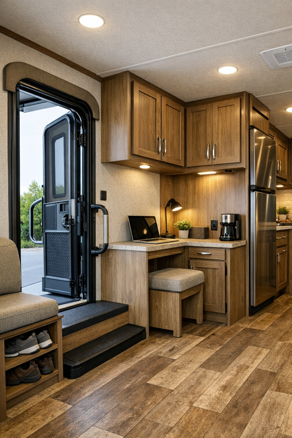 Accessible RV entry and multipurpose area with integrated storage
