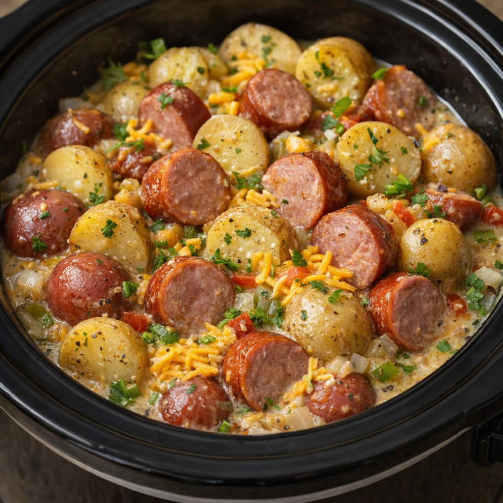 Kielbasa and butter layered over potatoes before cooking