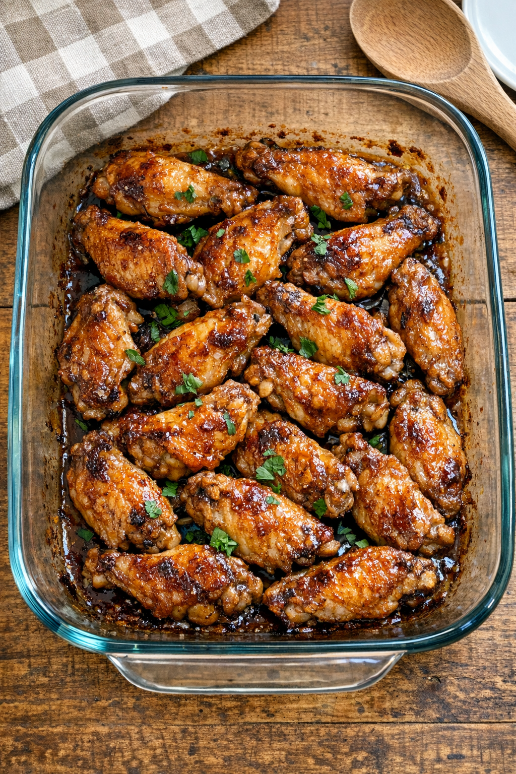 Finished baked chicken wings in a glass casserole dish