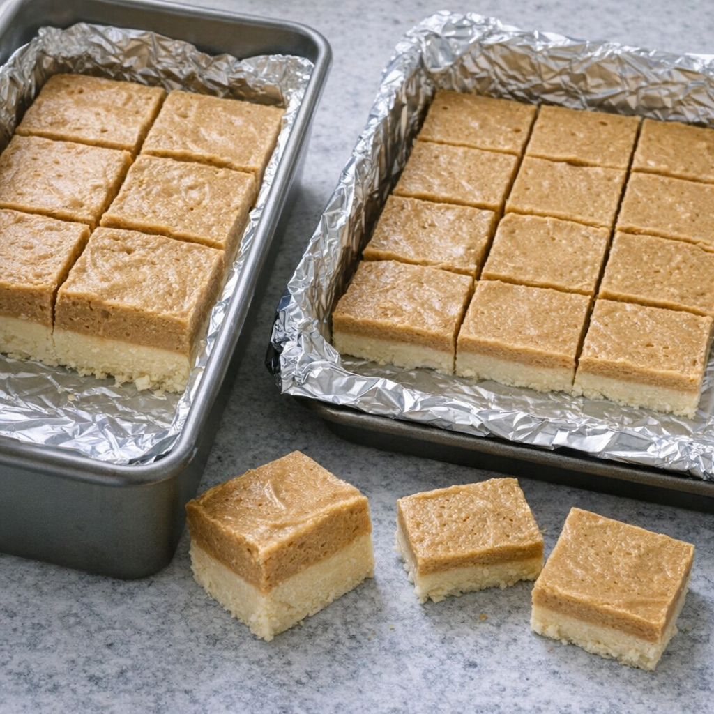 Different pan sizes showing varied fudge thickness options