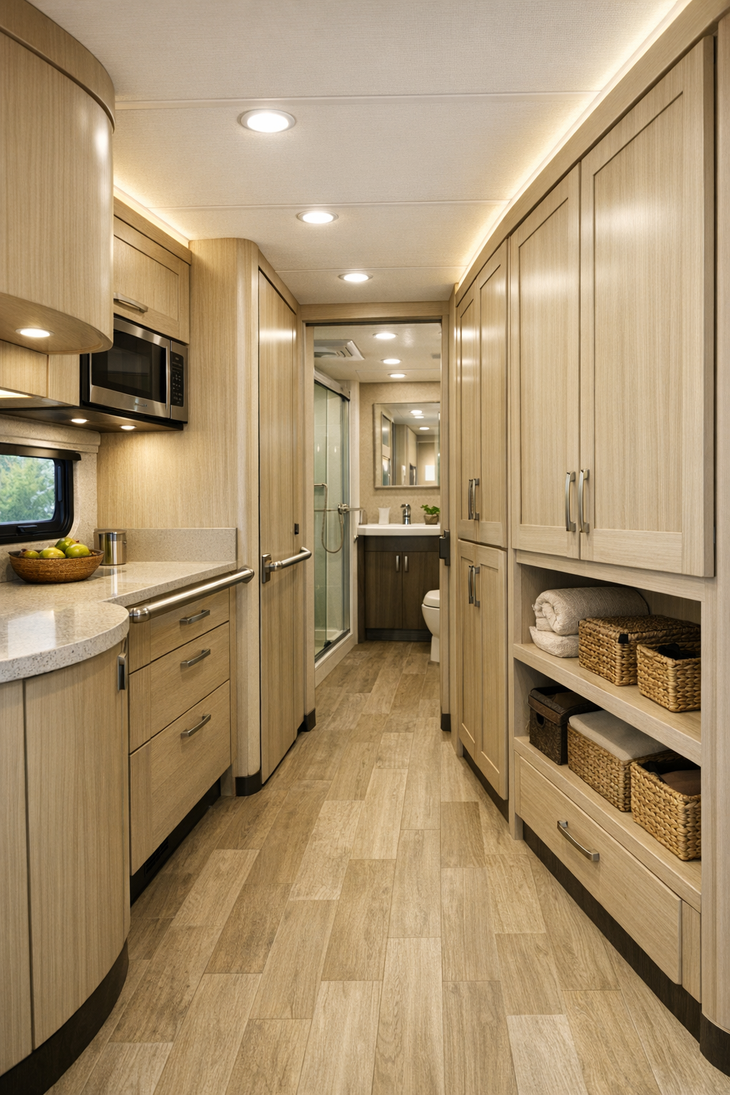 Accessible RV hallway and storage area with built-in cabinetry
