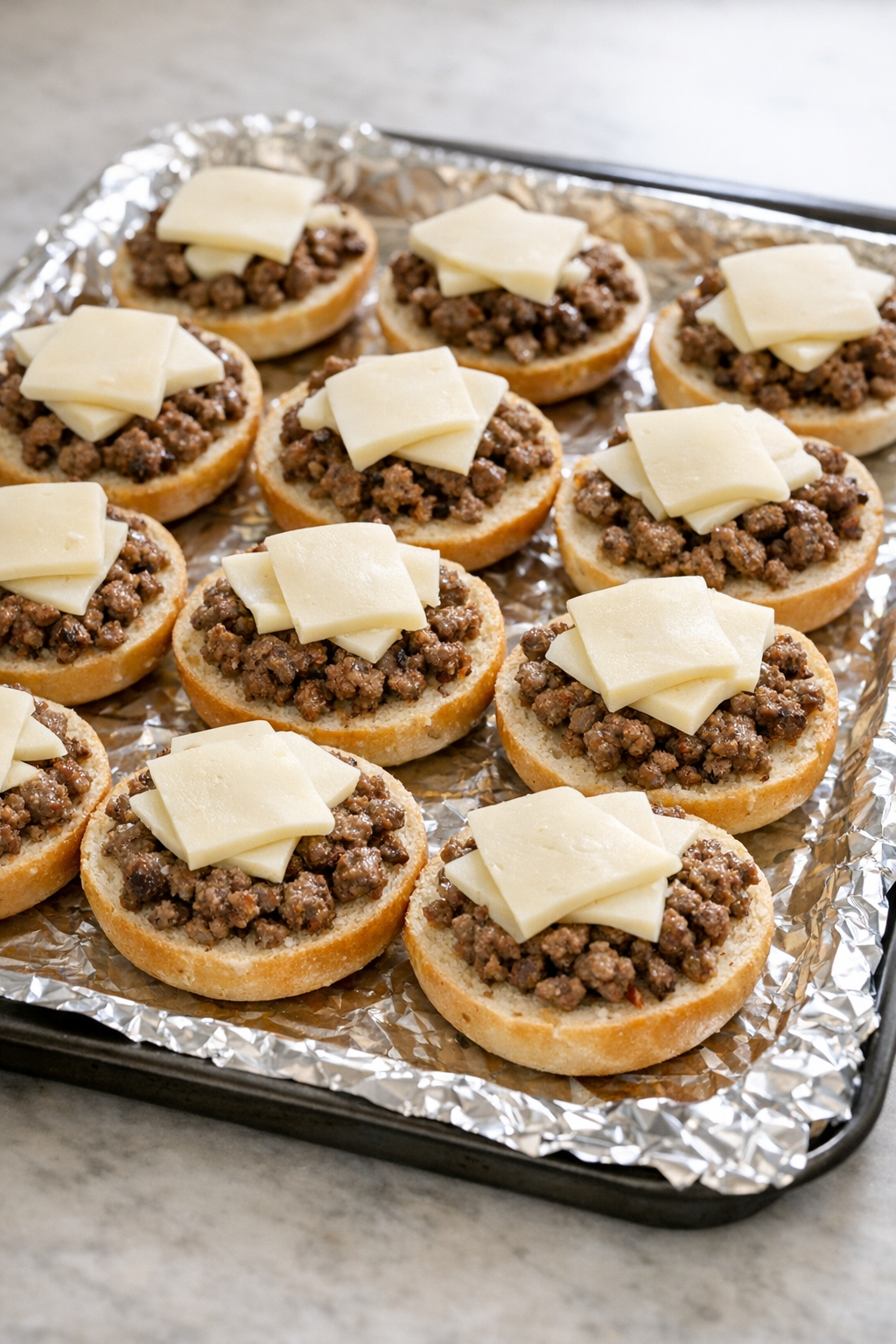 Beef-topped bagel halves covered with provolone slices