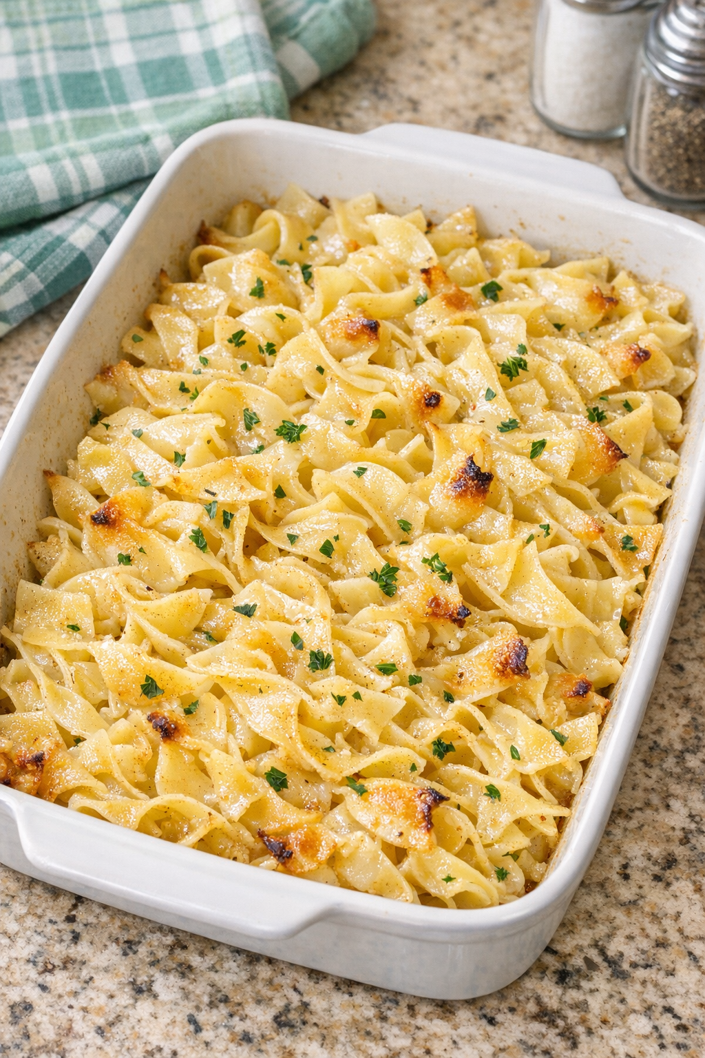 Baked honey butter egg noodles in a casserole dish