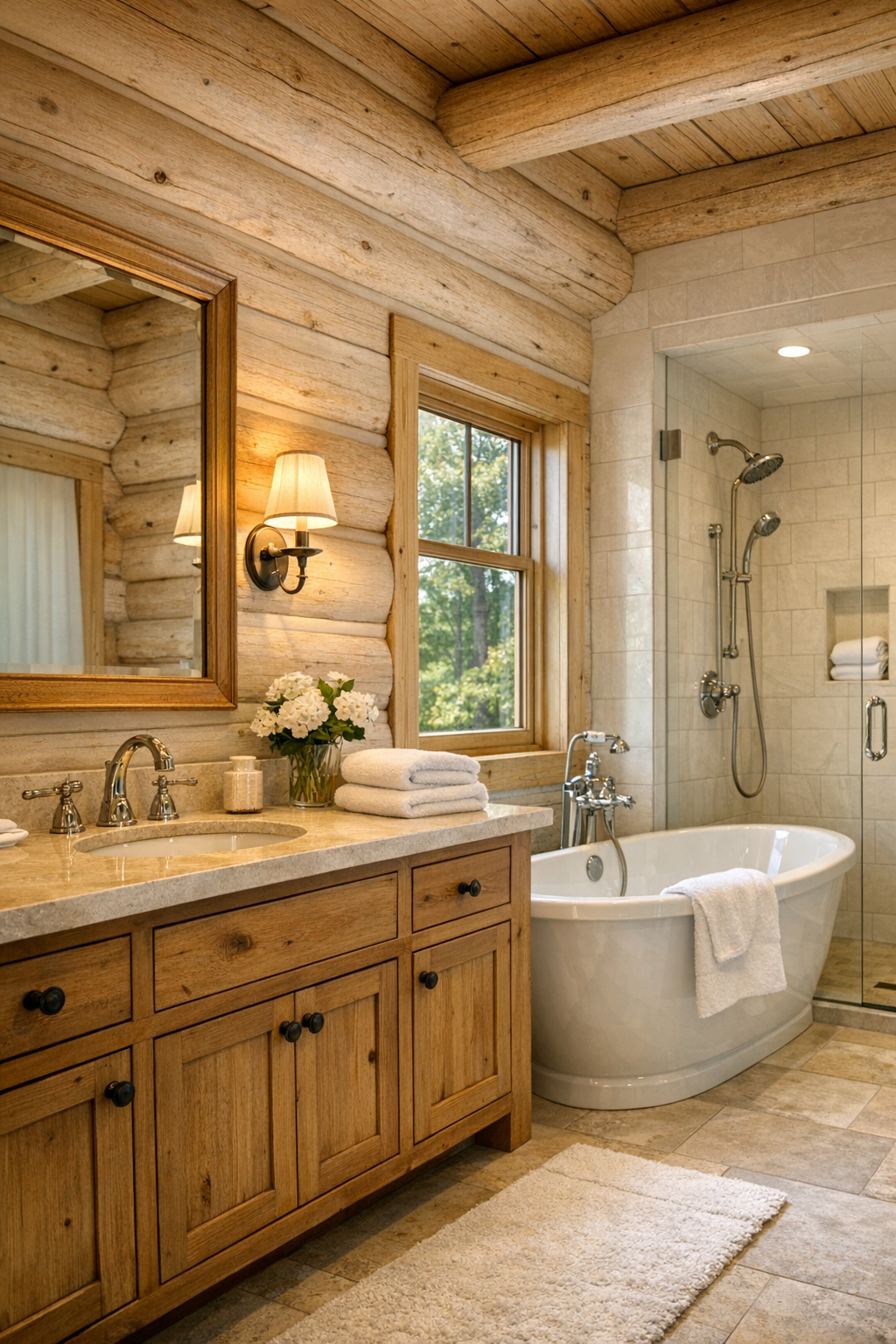 Fresh rustic bathroom with wood vanity, light stone finishes, and a soaking tub