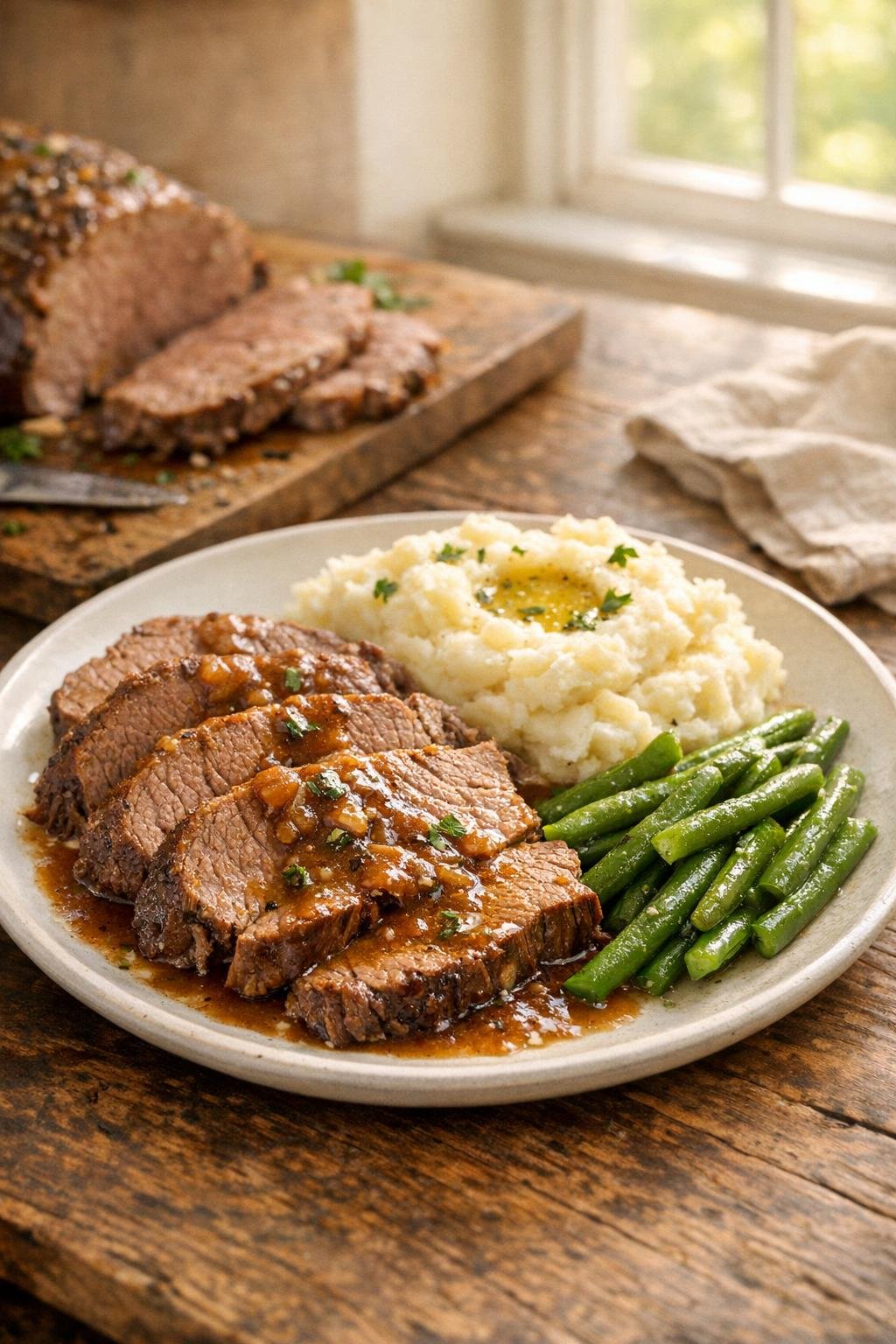 Het uiteindelijke, in de slowcooker bereide braadstuk met bijgerechten wordt geserveerd.