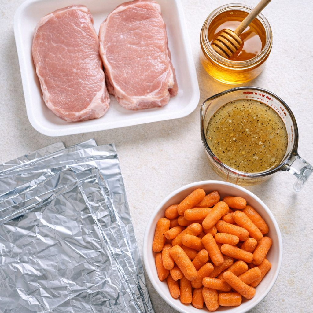 Simple ingredients for honey pork chops laid out on a counter