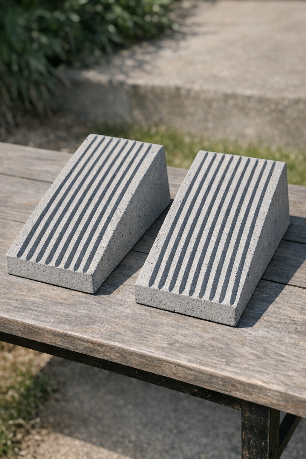 Finished ribbed concrete wedge slabs made from paint roller trays