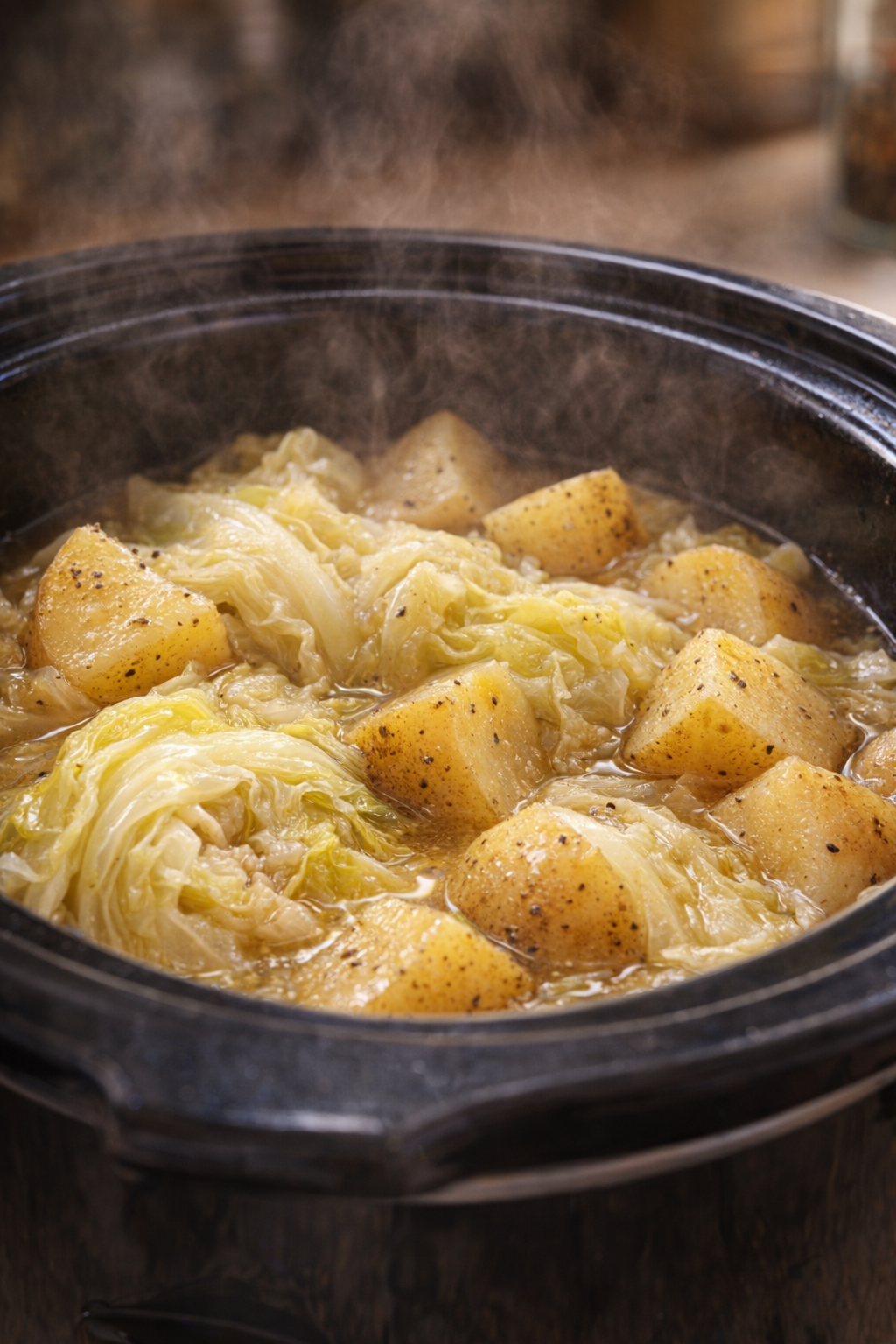 Gekookte kool en aardappelen glanzen in een romige boterbouillon.