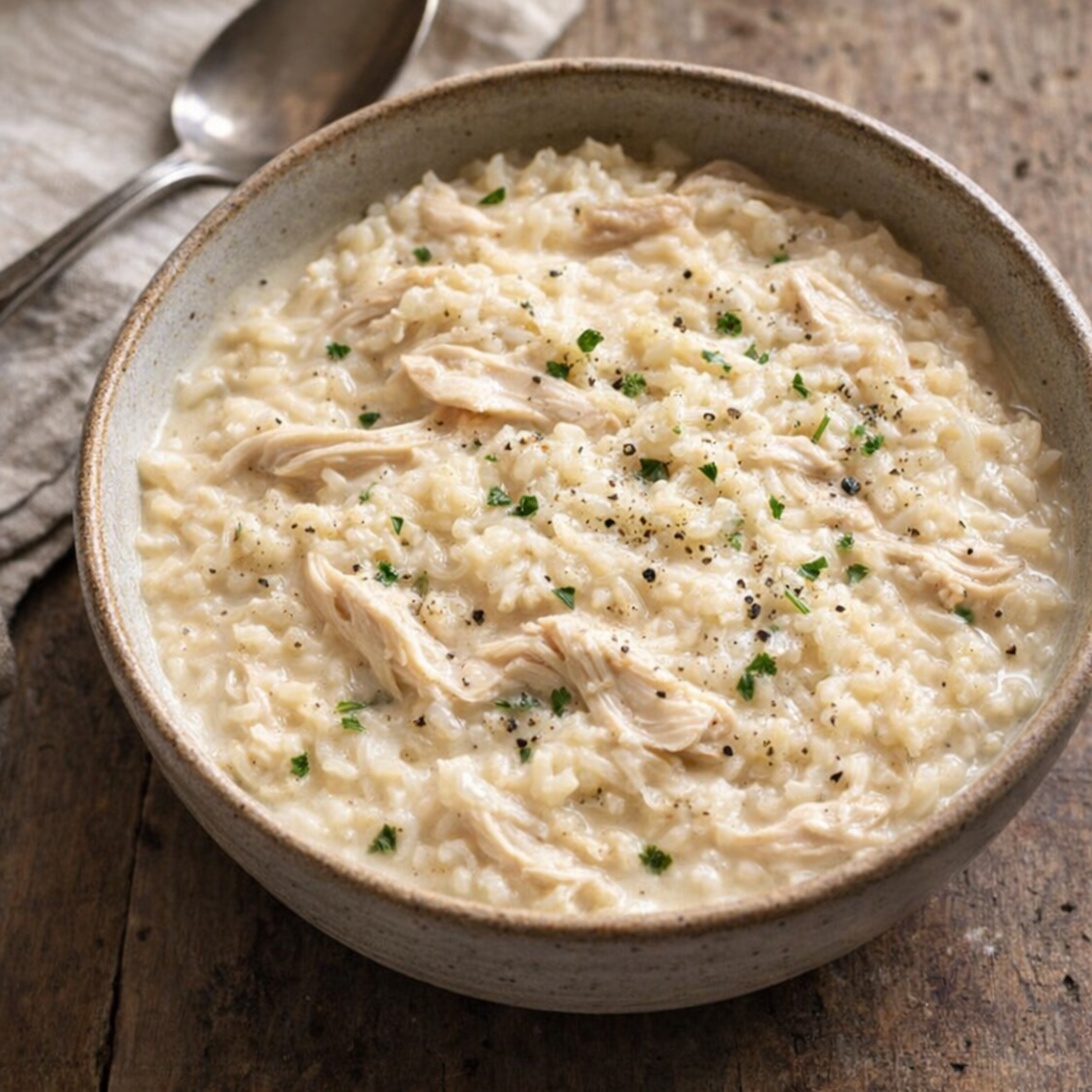 Slow cooker chicken and rice served in a rustic bowl