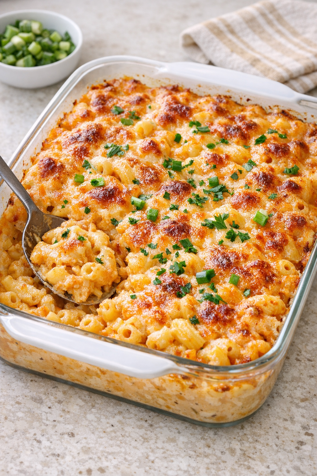 Finished buffalo ranch macaroni baked until bubbly and golden in a casserole dish