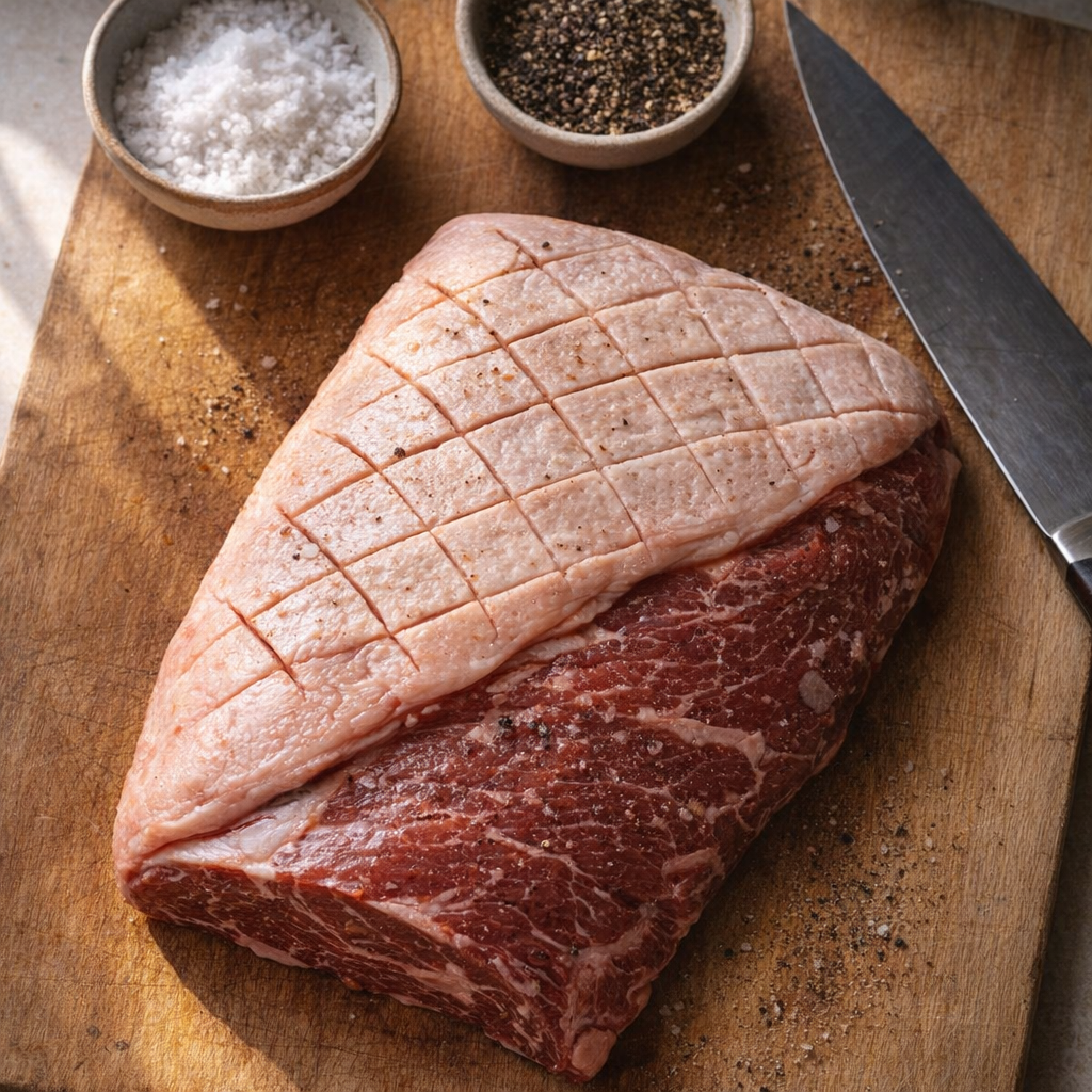 Raw picanha with scored fat cap on a cutting board