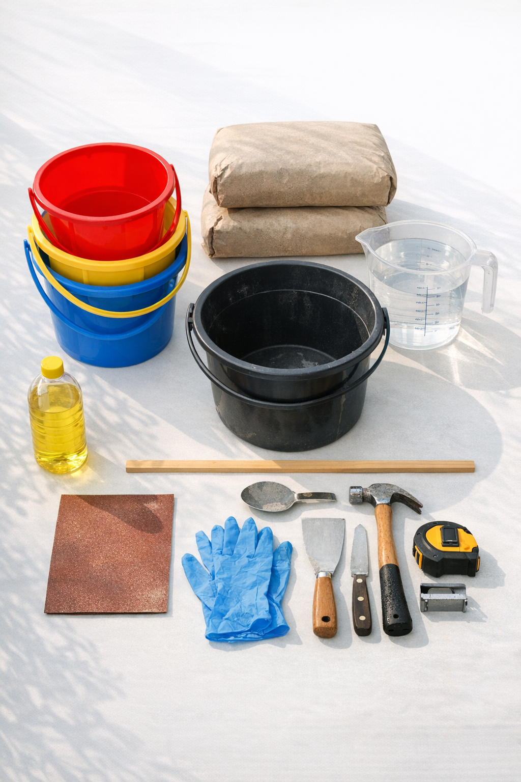 Materials for making three ribbed cement patio plinths laid out on a work surface