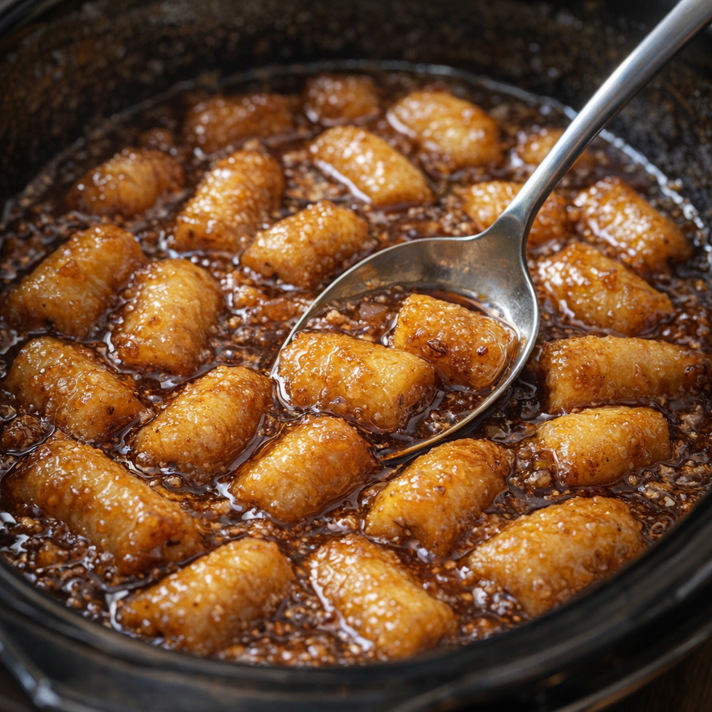 Banana slices coated in caramel syrup inside the slow cooker