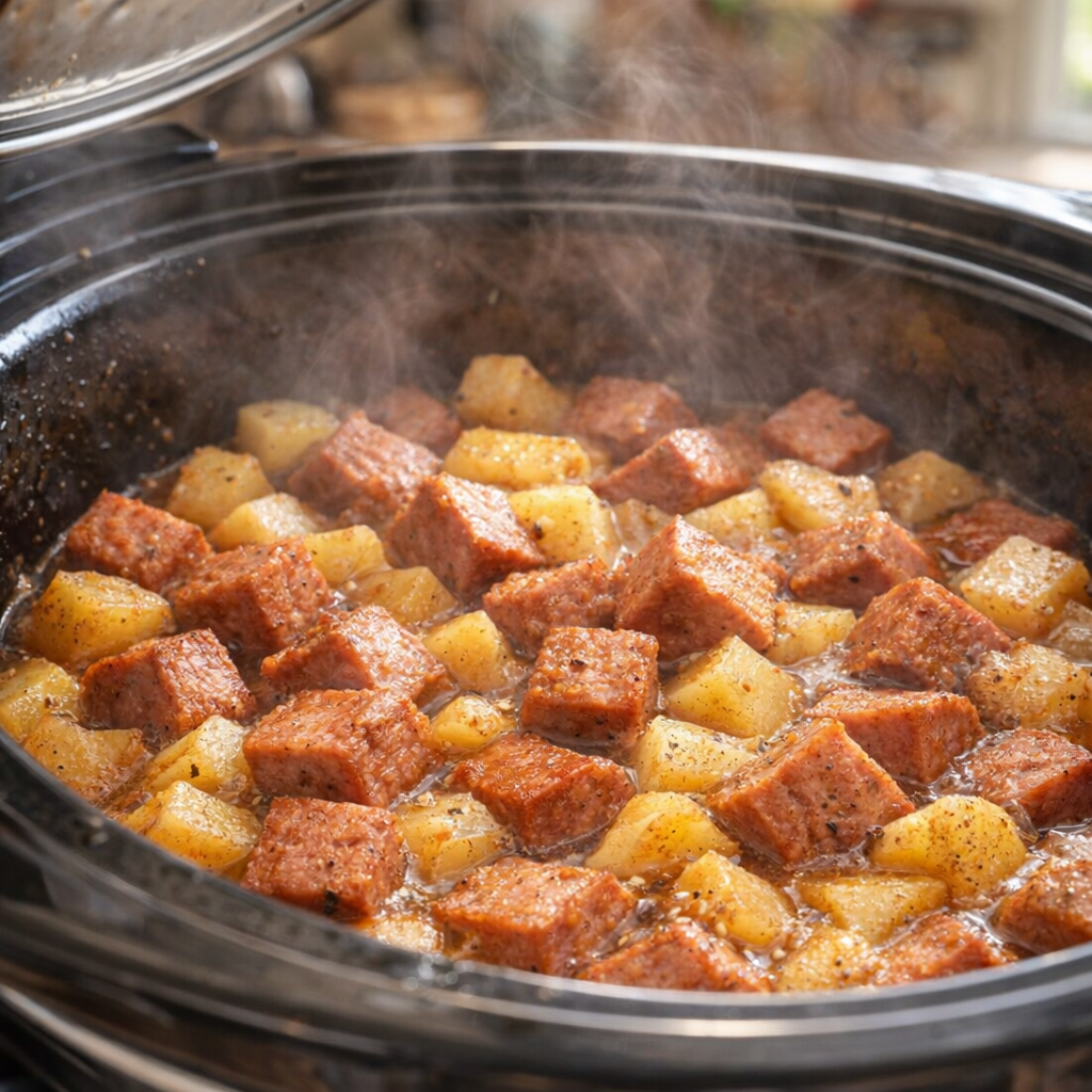 Slow cooker filled with Spam and potatoes midway through cooking