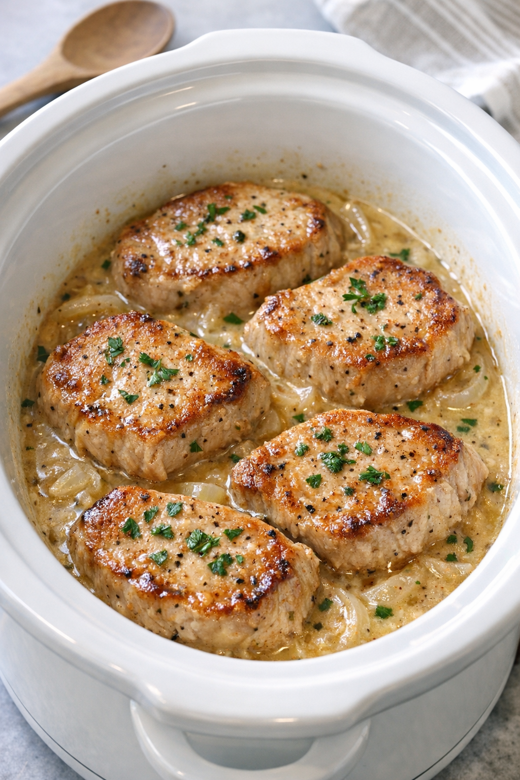 Cooked pork chops in creamy sauce in the slow cooker