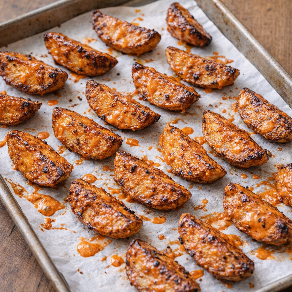 Potato wedges arranged on a baking sheet before roasting