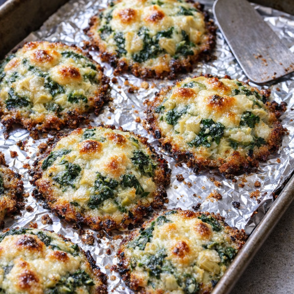 Freshly baked spinach artichoke bites on a tray