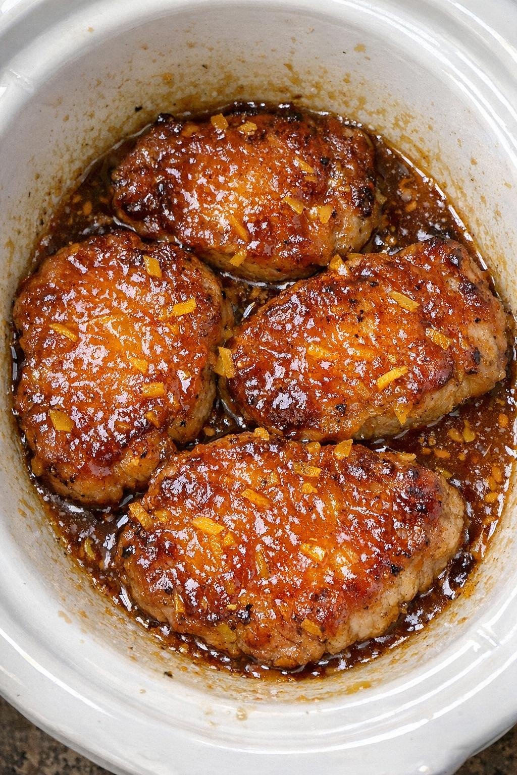 Slow cooker orange marmalade pork chops in a white slow cooker