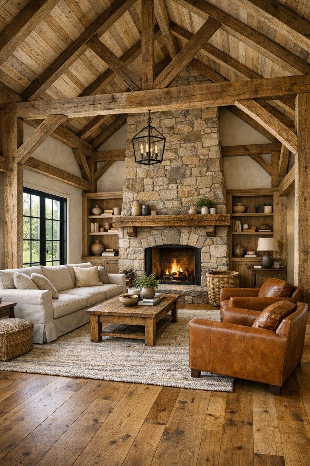 Barn farmhouse living room with exposed beams and stone fireplace