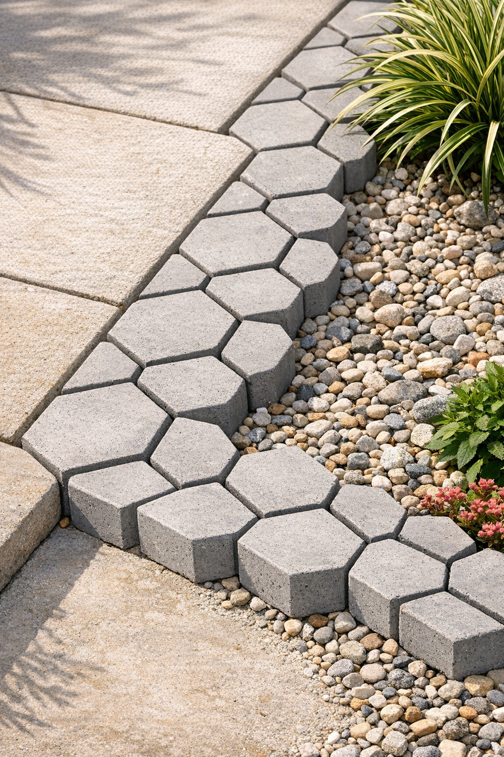 Finished geometric concrete patio border made from hexagon molds
