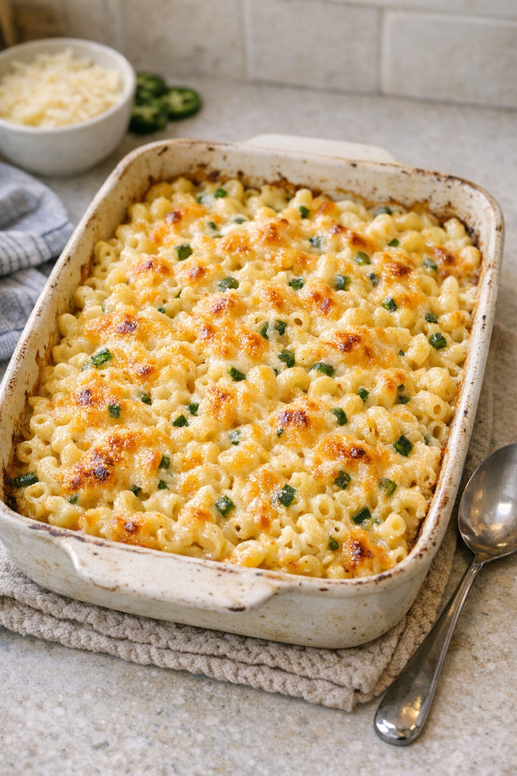 Finished baked jalapeno cream cheese macaroni in a rustic baking dish