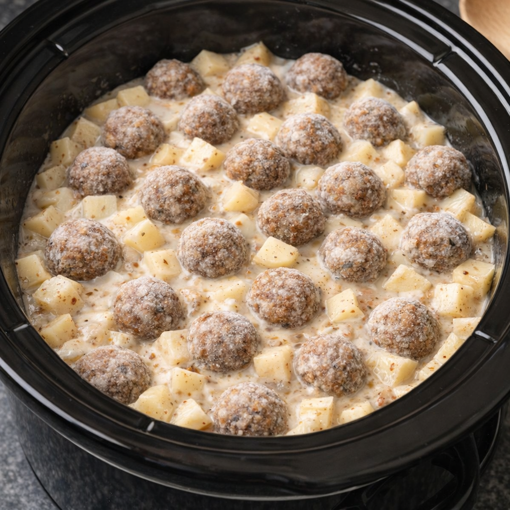 Frozen meatballs layered over potatoes in slow cooker